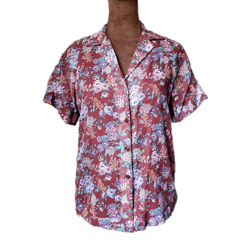 Vintage R2D Blouse Womens Size M Cottagecore Floral Button Up Top Semi‎ Sheer